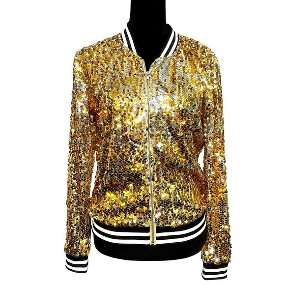EUC - Anna-Kaci Gold Metallic Sequin Full Zip Varsity Jacket - Picture 1 of 7